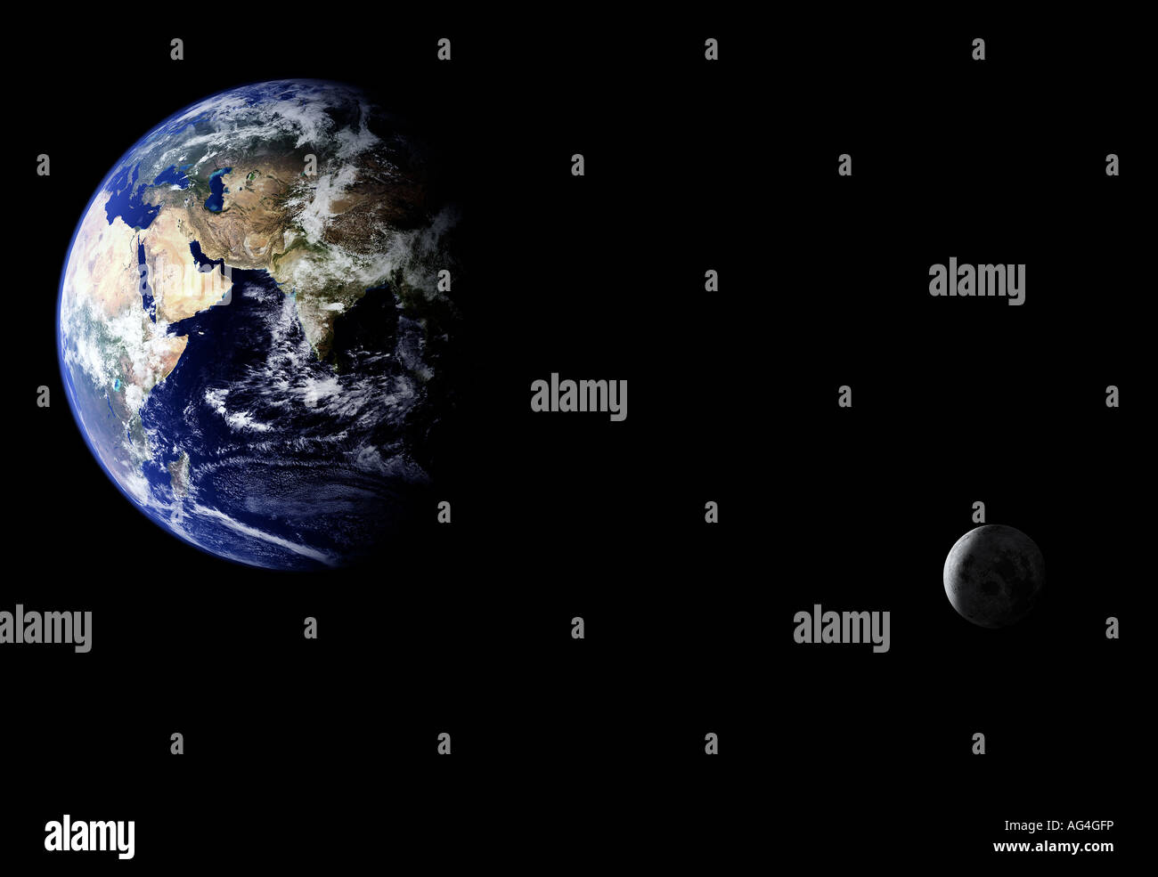 Composite image of earth and moon Moon orbiting earth. Stock Photo