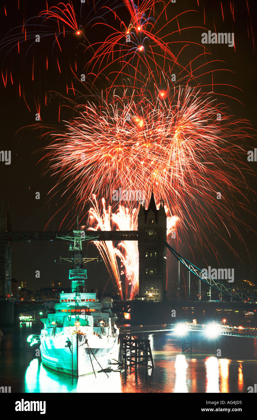 Fireworks over River Thames, London, England, UK Stock Photo