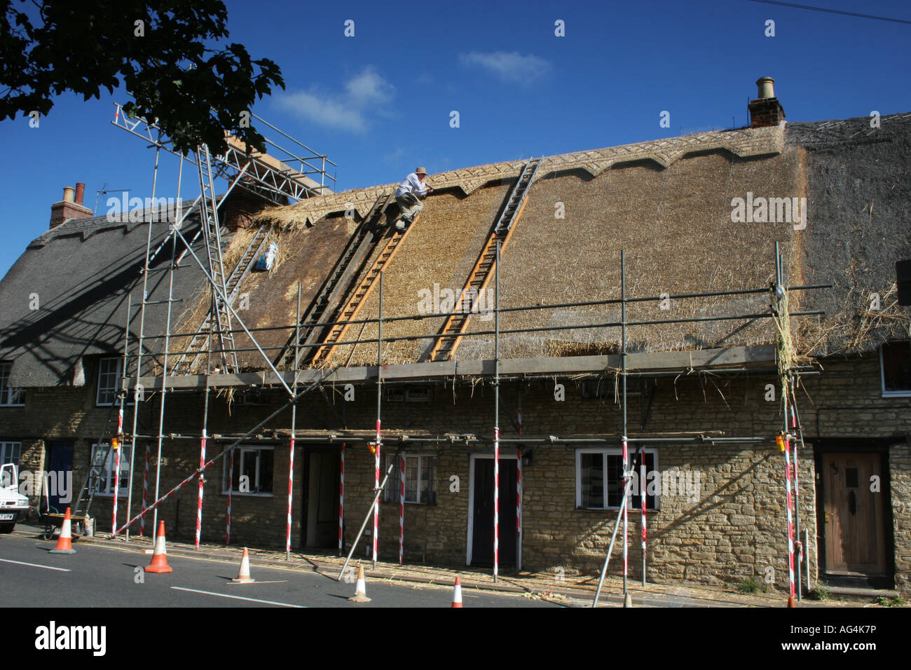 Thatcher at work on traditional English cottage roof. Wide of cottage in row. Stock Photo
