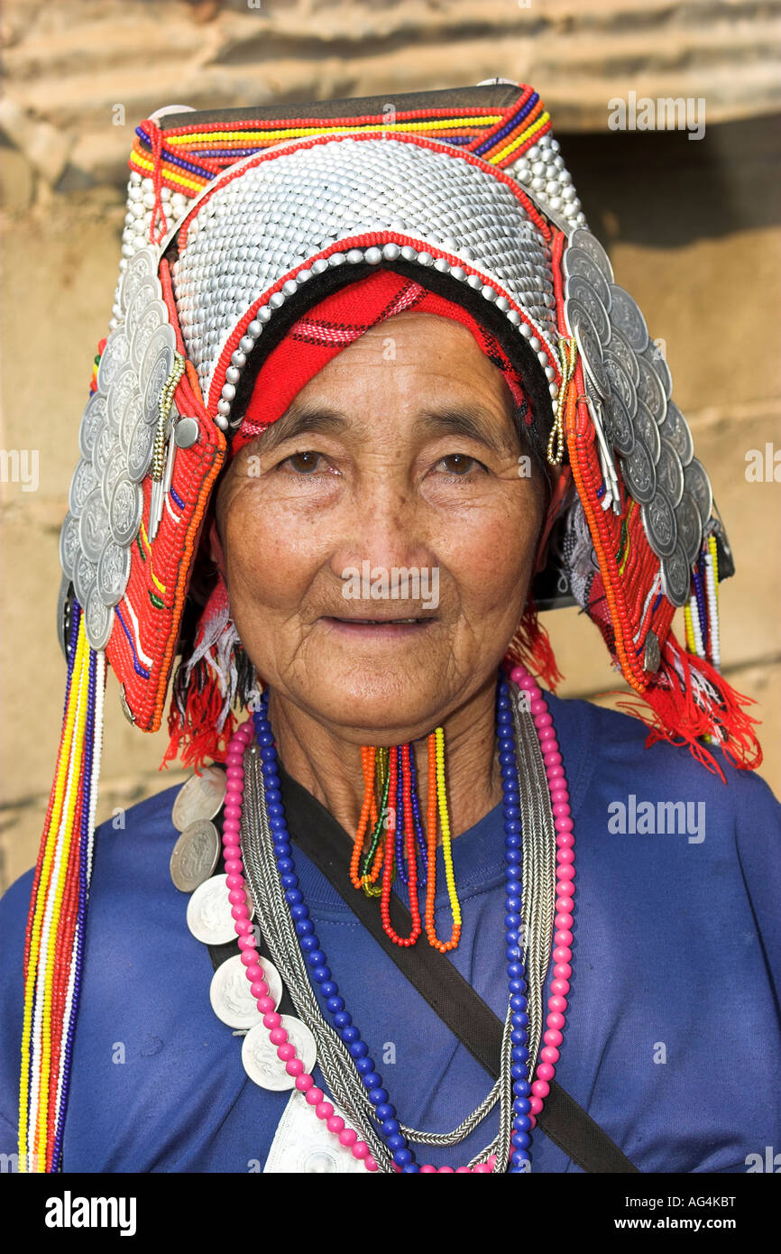 Portrait of an older Akha hill tribe woman Chiang Rai Thailand Southeast Asia Stock Photo