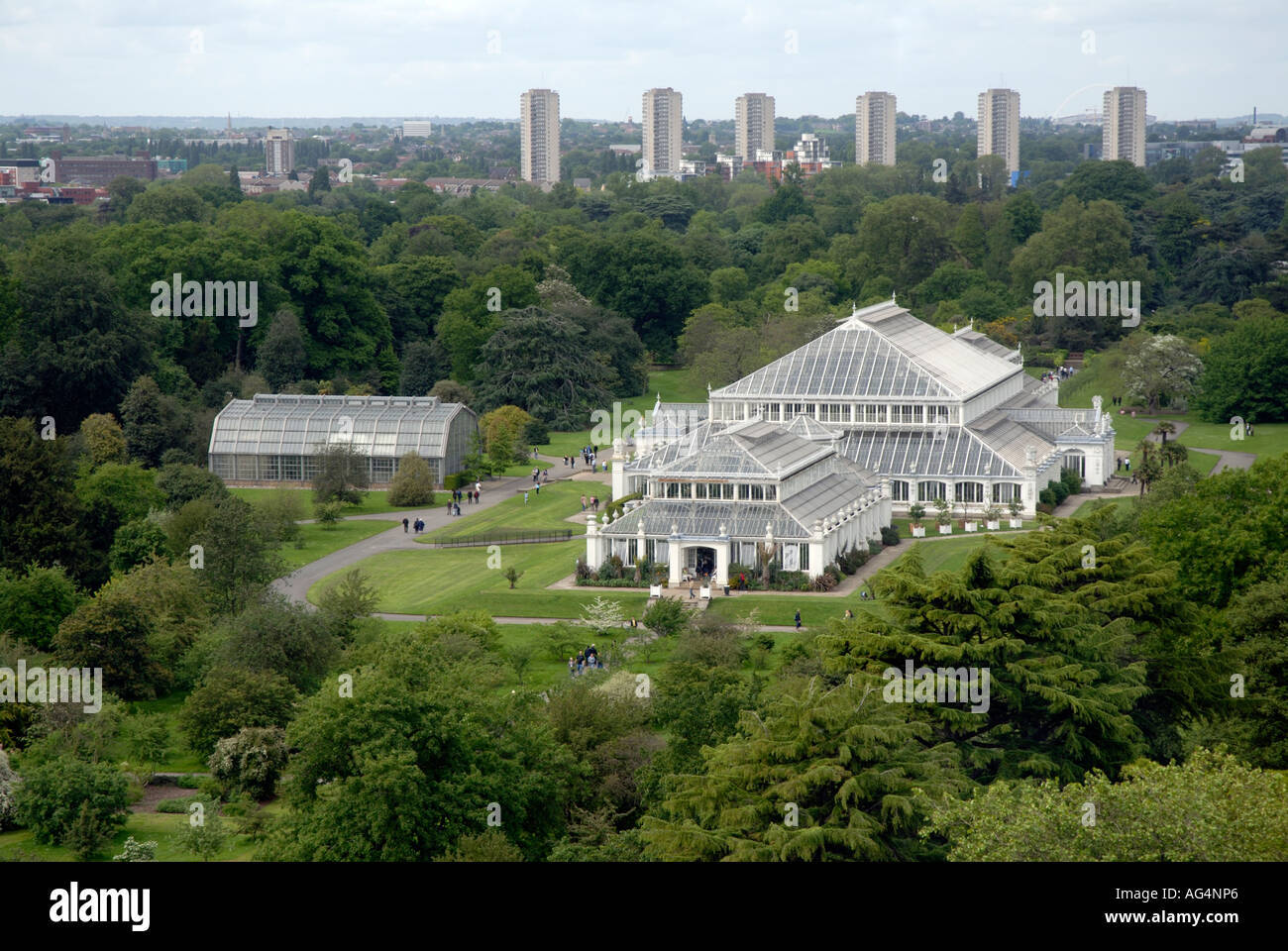 View of Temperate House and Evolution House from top of Chinese pagoda Royal Botanic Gardens Kew Richmond Surrey England Britain Stock Photo