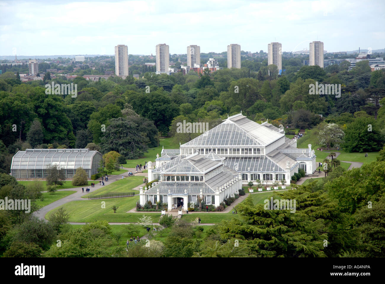 View of Temperate House and Evolution House from top of Chinese pagoda Royal Botanic Gardens Kew Richmond Surrey England Britain Stock Photo