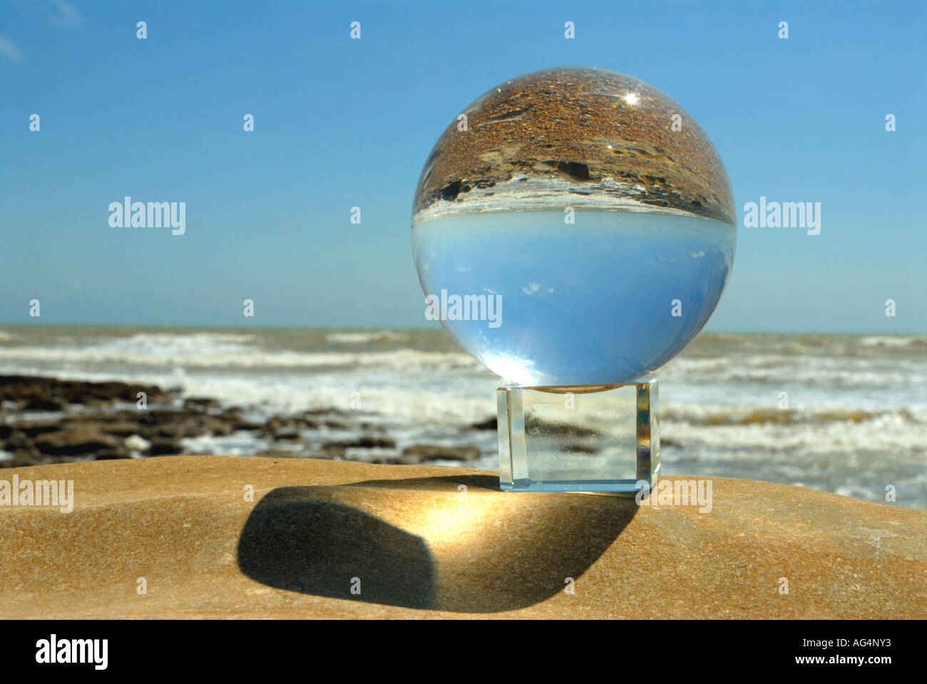 Glass ball crystal ball on seashore beach waves rock sea sky Stock ...