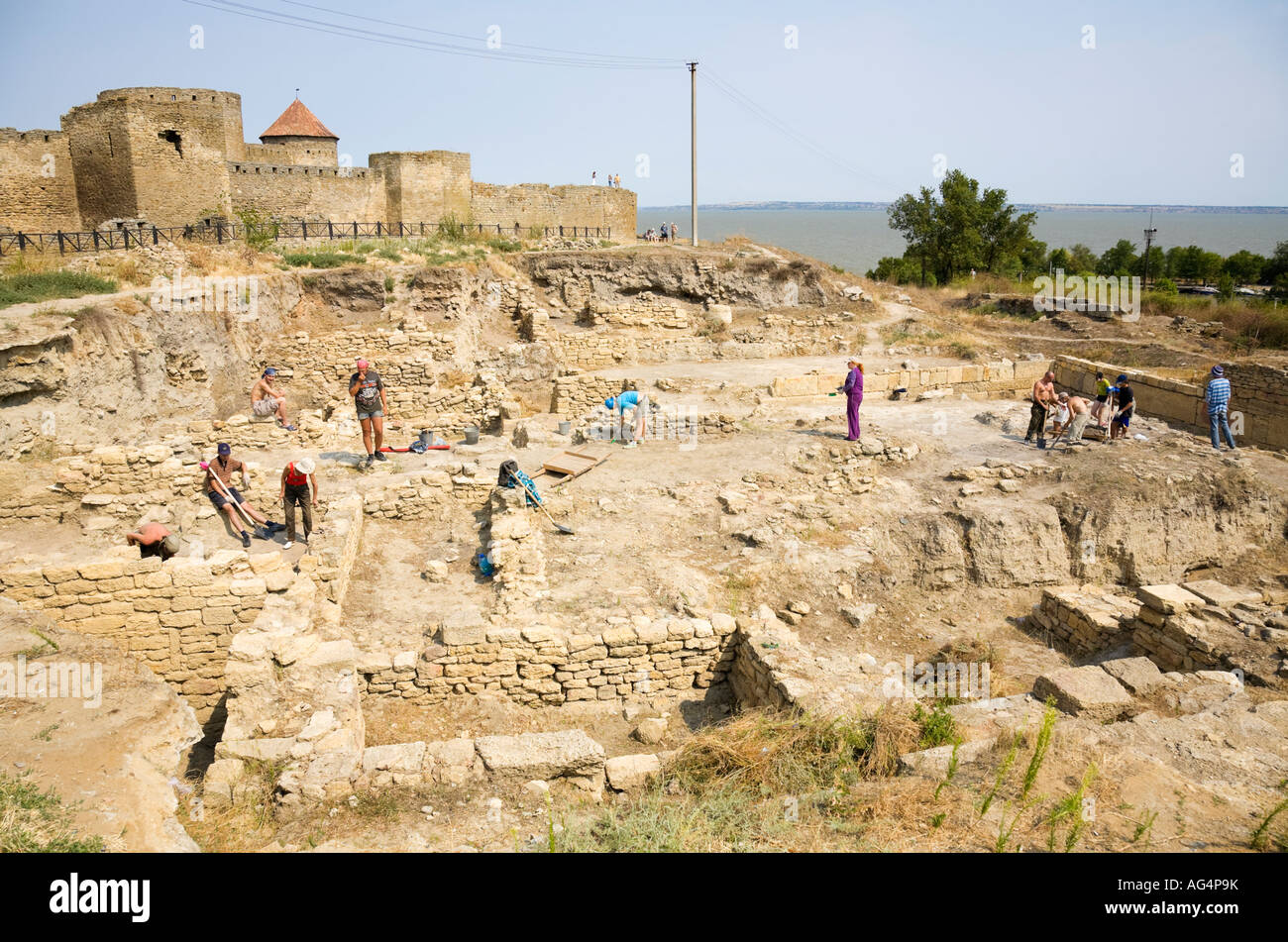 Archaeology students working at an excavation site of the ancient greek settlement of Tyras in nowadays Ukraine Stock Photo