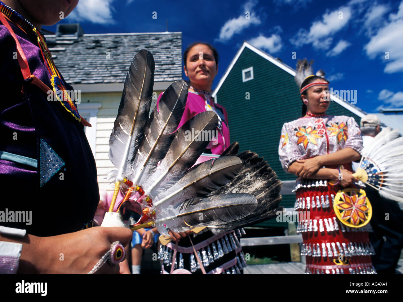 Native American dancers in Western Plains traditional dress with eagle ...