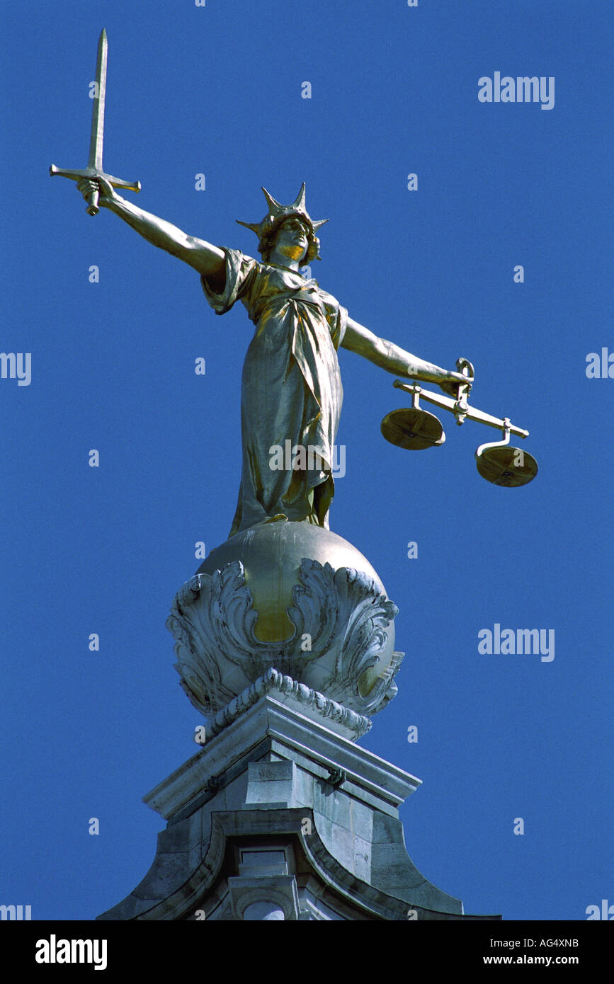 The statue of Justice with her scales on top of the Old Bailey London