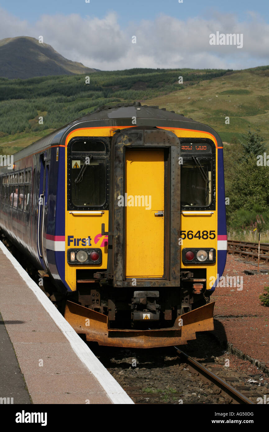 Up platform at Crianlarich Railway Station with Stob Binnein background Perthshire Scotland. train waiting to depart to Glasgow Class 56 multiple unit Stock Photo