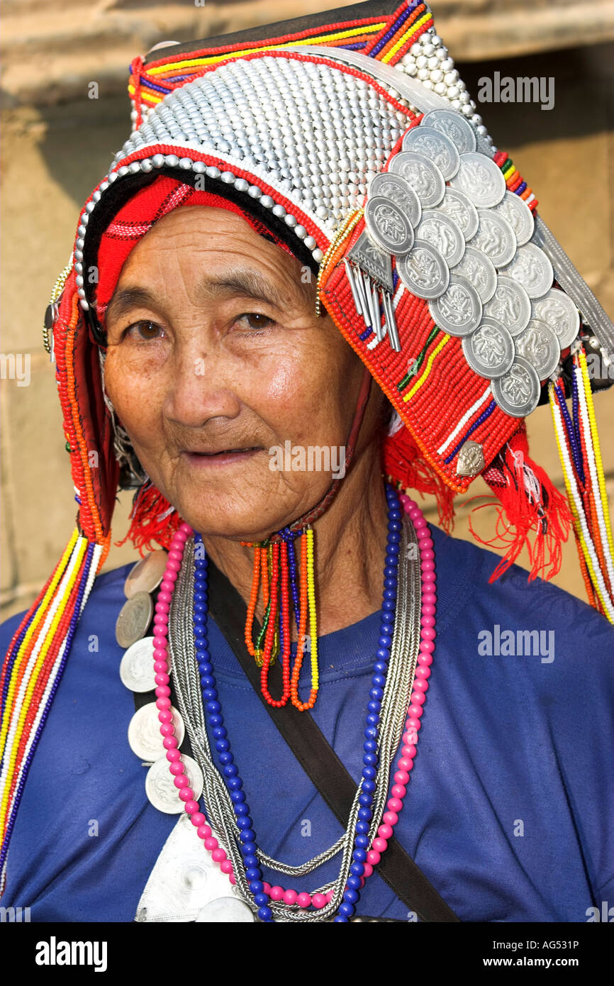 Portrait of an older Akha hill tribe woman Chiang Rai Thailand Southeast Asia Stock Photo