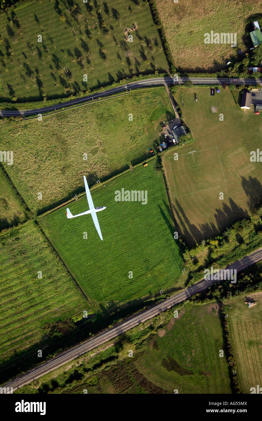 Looking directly down onto a sailplane glider circling in a thermal over rural Worcestershire UK Stock Photo