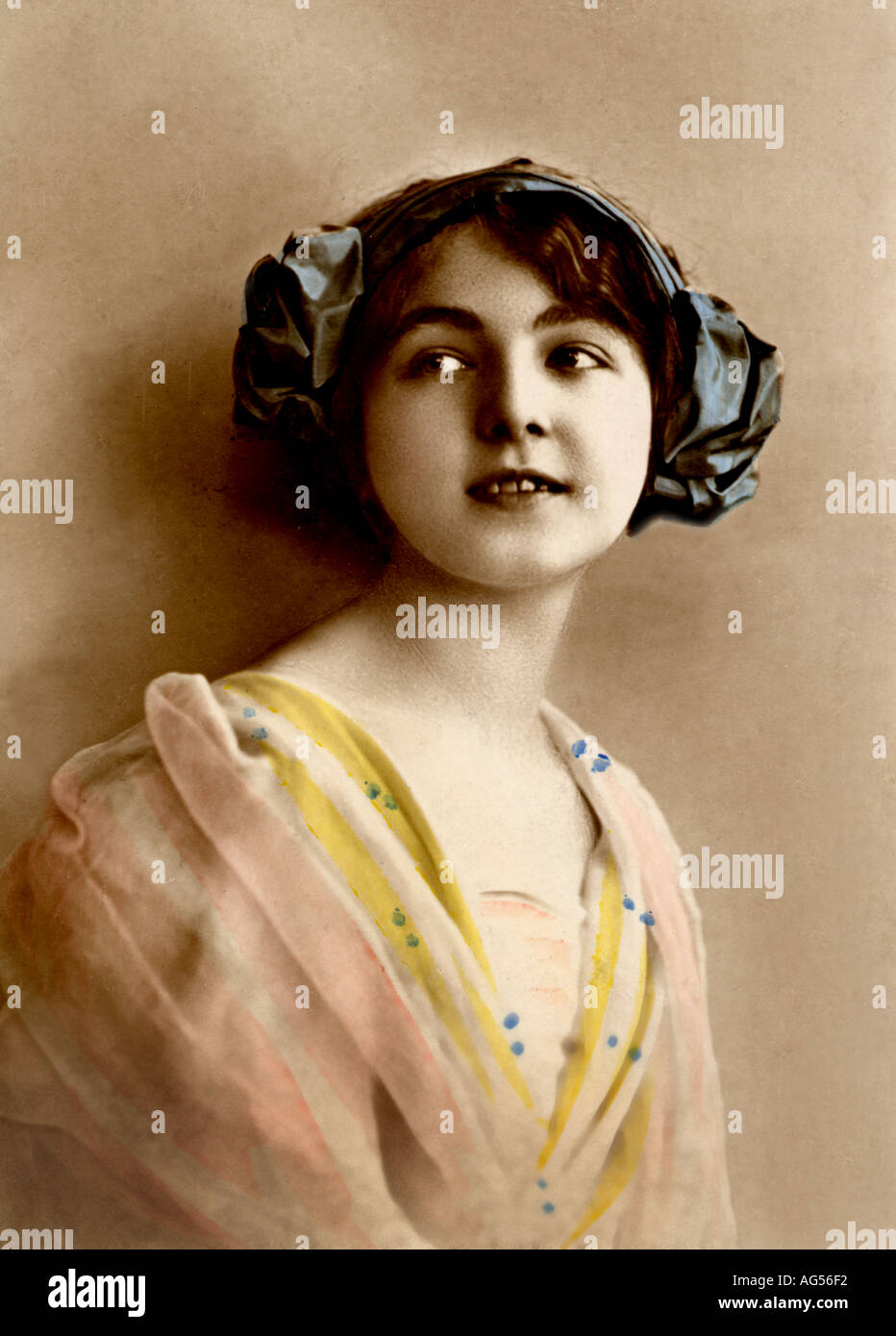 Hand Tinted Portrait of a Young French Girl circa 1915 Stock Photo