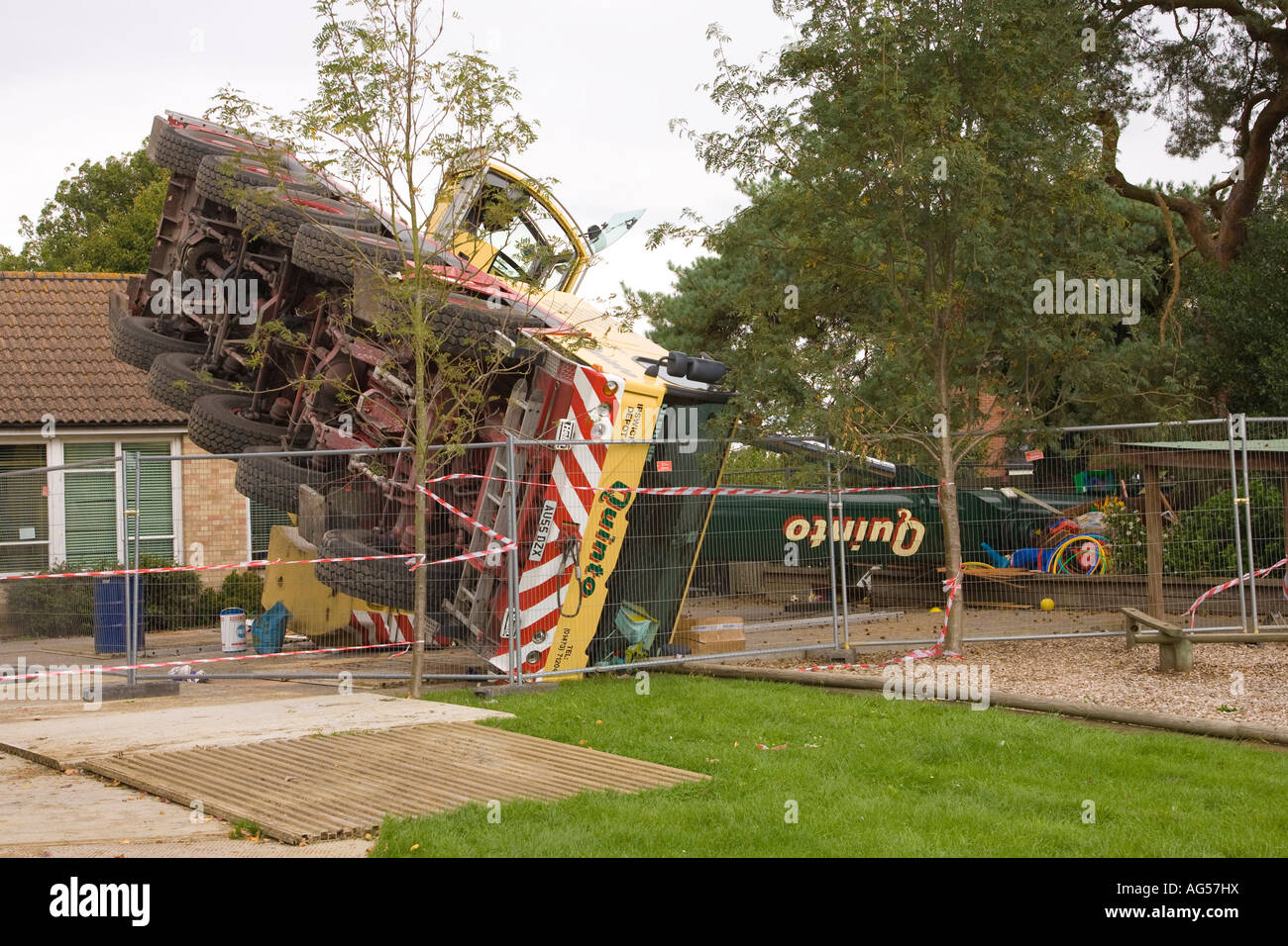 a crane lorry overturned in an accident at a School in Suffolk, UK