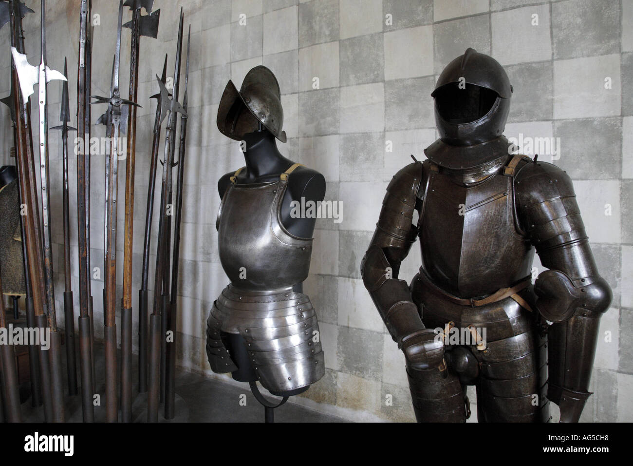 Armor in the medieval castle of Chillon Stock Photo