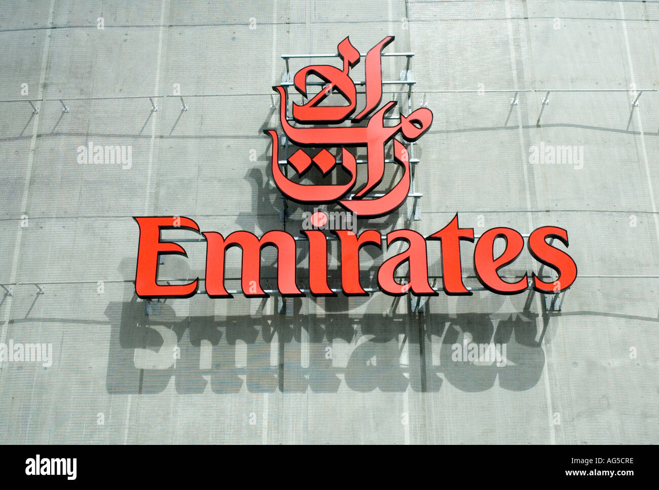 Close up Emirates Stadium sign or logo Arsenal Football Club with shadow Holloway London UK Stock Photo