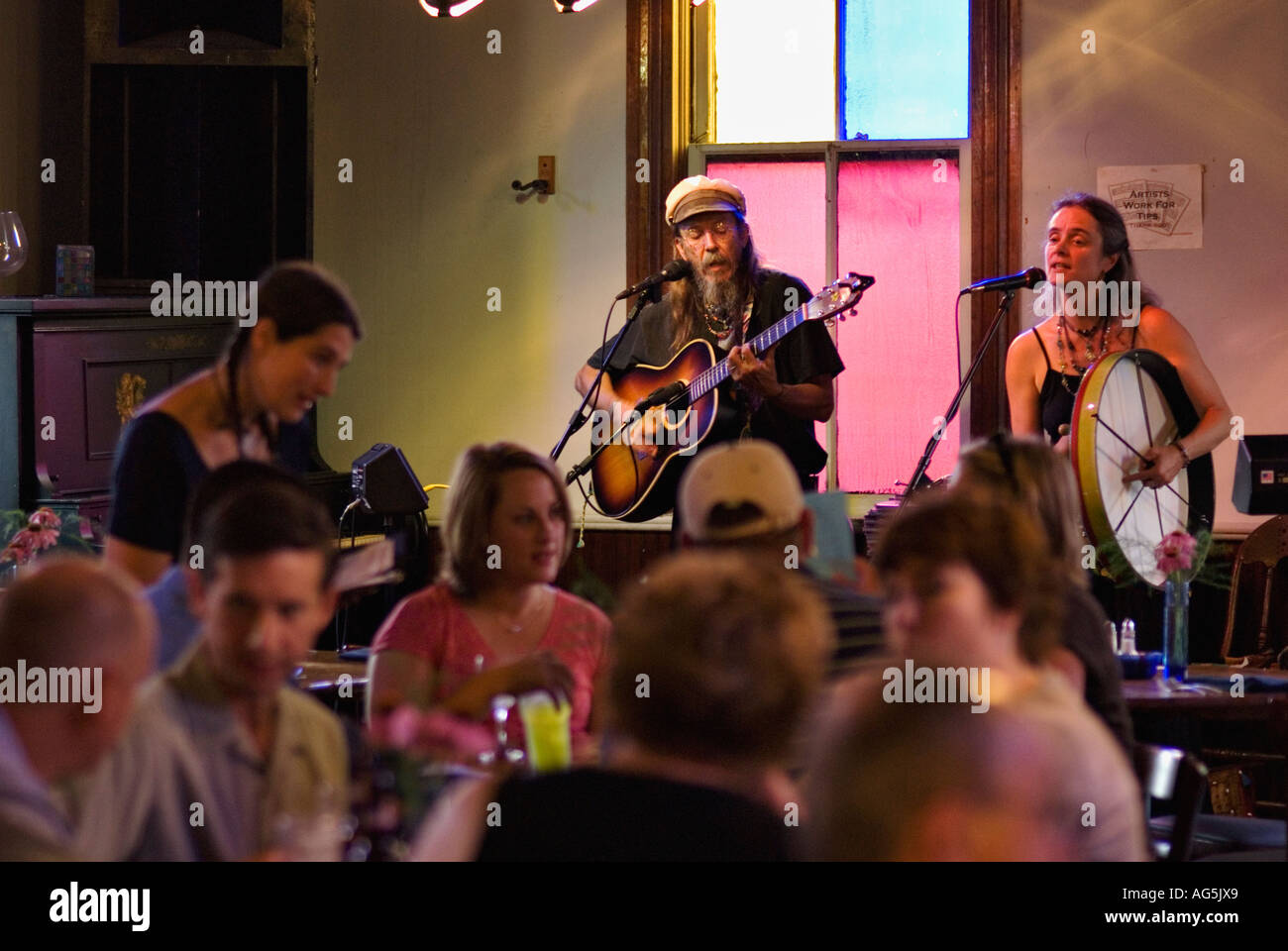 Irish Musicians Diners and Waitress at Small Town Cafe Blue River Cafe Milltown Indiana Stock Photo