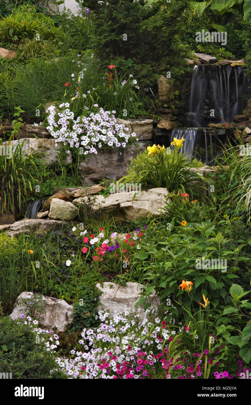 Manicured Hillside Flower Garden and Waterfall Louisville Kentucky Stock Photo