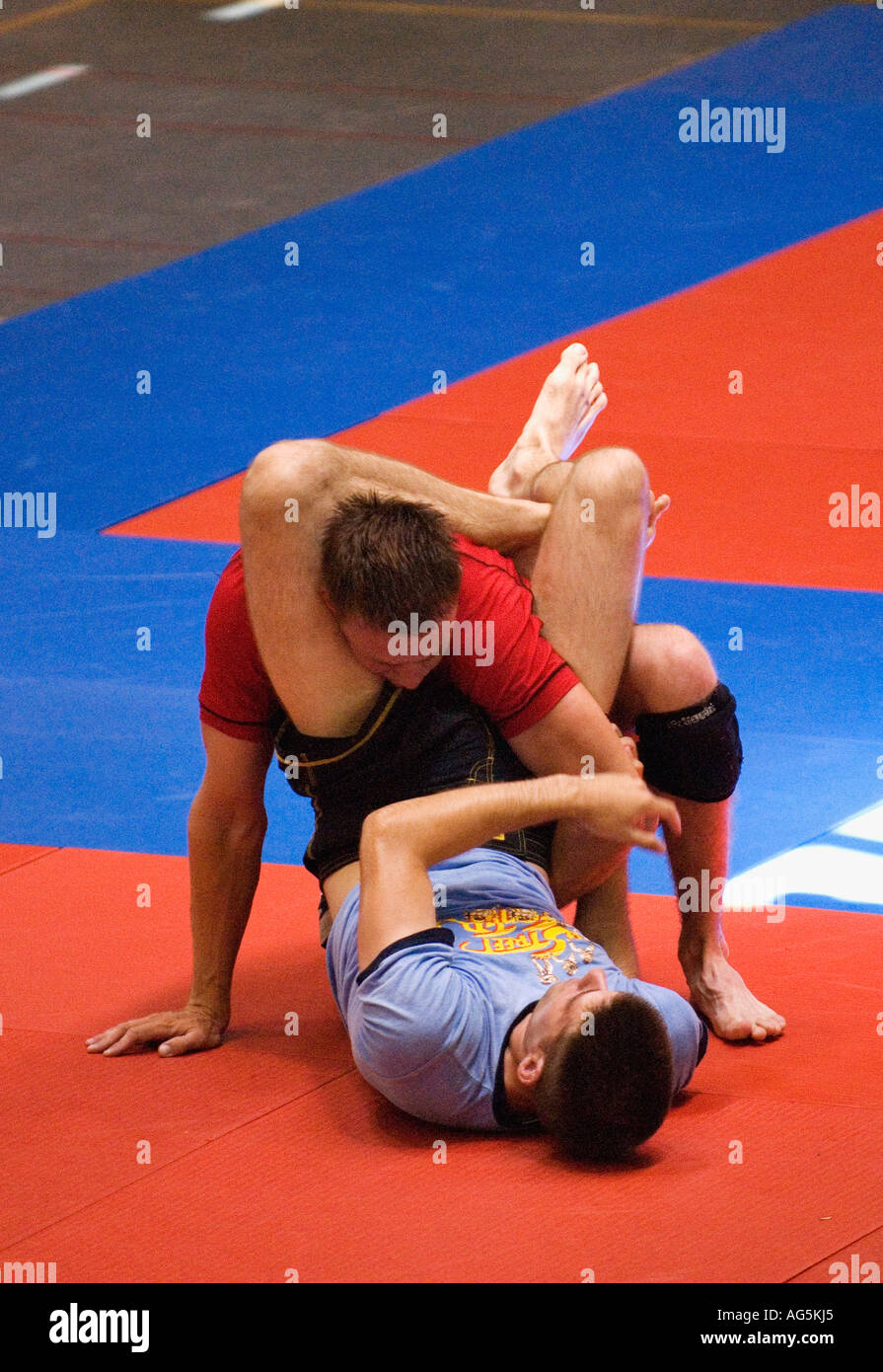 Brazilian Jiu Jitsu Match with Bottom Fighter Applying a Triangle Choke to Top Fighter Stock Photo