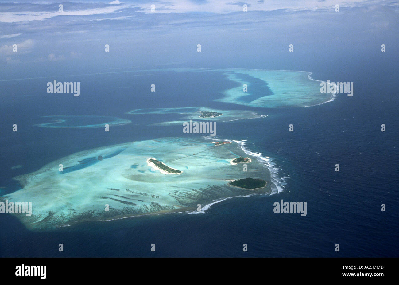 Maldives Aerial inhabited island in Kaafu atoll Stock Photo