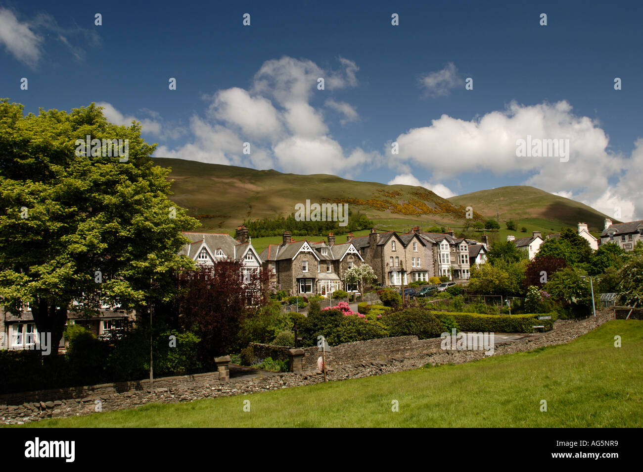 View of Howgill Fells behind Main Street Sedbergh Yorkshire Dales Stock