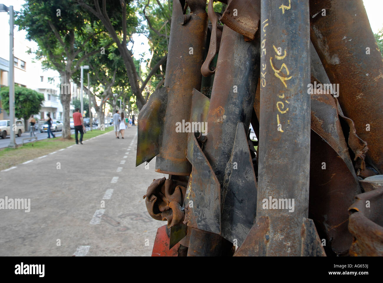 Remnants of exploded Qassam rockets that were fired from the Gaza Strip to southern Israel displayed in Rothschild avenue in Tel Aviv Israel Stock Photo