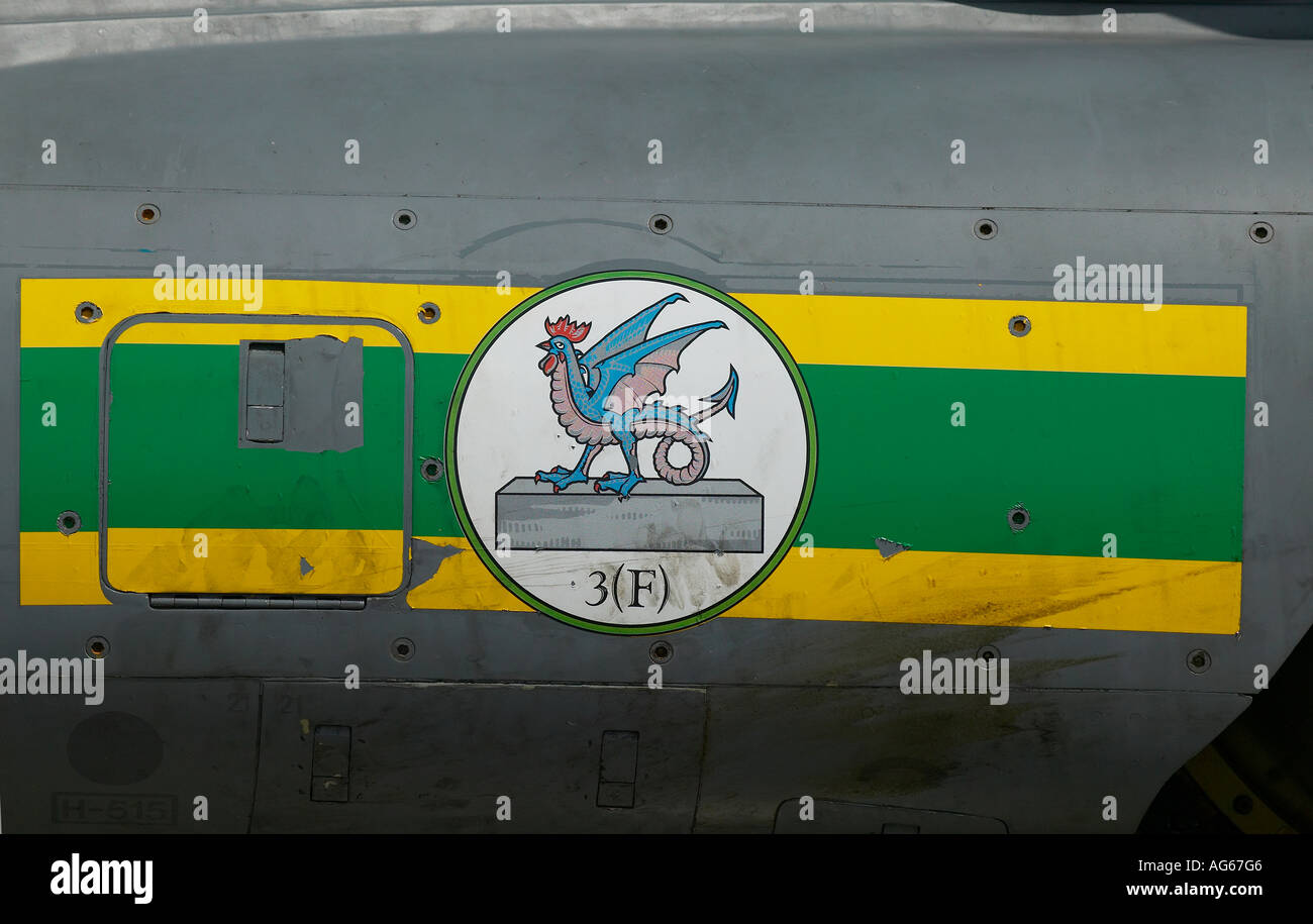 Unit Crest of 3F Squadron RAF Coningsby on fuselage of Harrier GR-7 Stock Photo