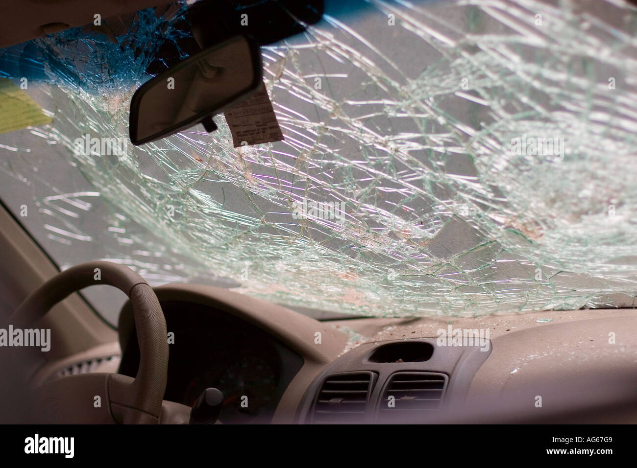 Shattered Windshield after car accident, New York, USA Stock Photo