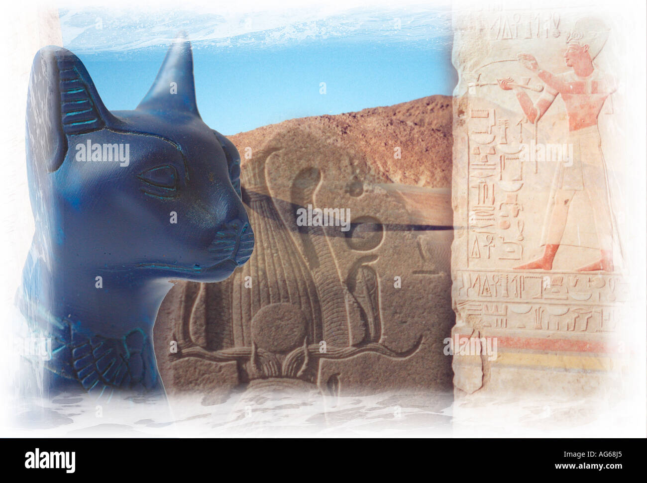 Egyptian inspired illustration featuring statue of the cat goddess Bast Stock Photo