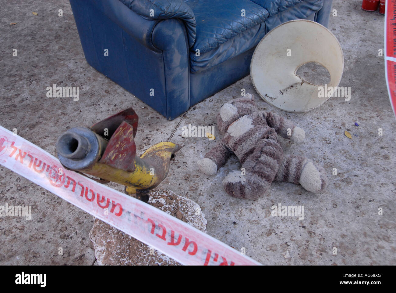 Remnant of exploded Qassam rocket that was fired from the Gaza Strip to southern Israel displayed in Rothschild avenue in Tel Aviv Israel Stock Photo