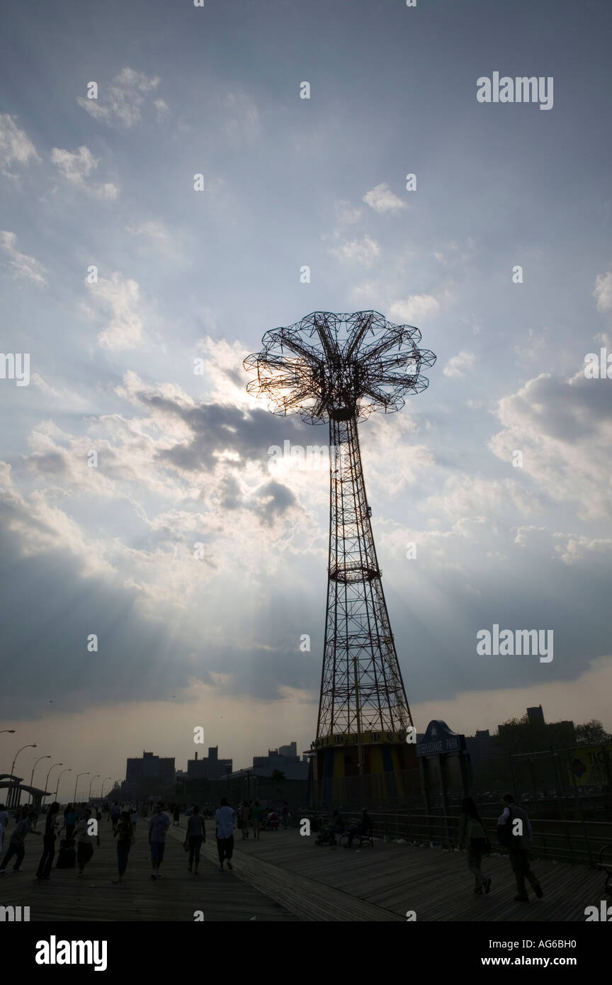 Landmark Coney Island parachute jump tower seen on a cloudy day in Brooklyn New York City USA May 2006 Stock Photo