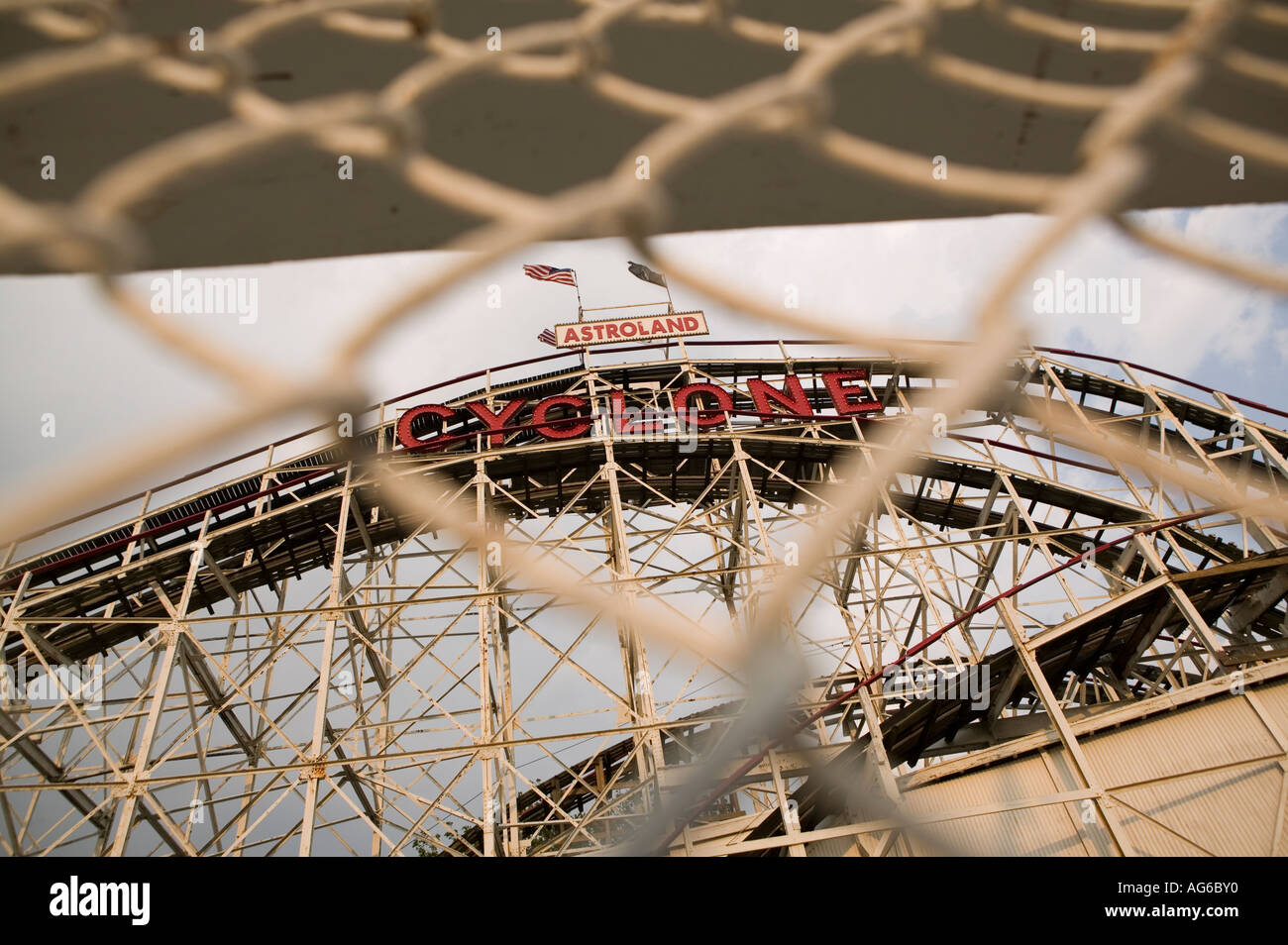 Old wooden Cyclone roller coaster at Coney Island in New York City USA May 2006 Stock Photo