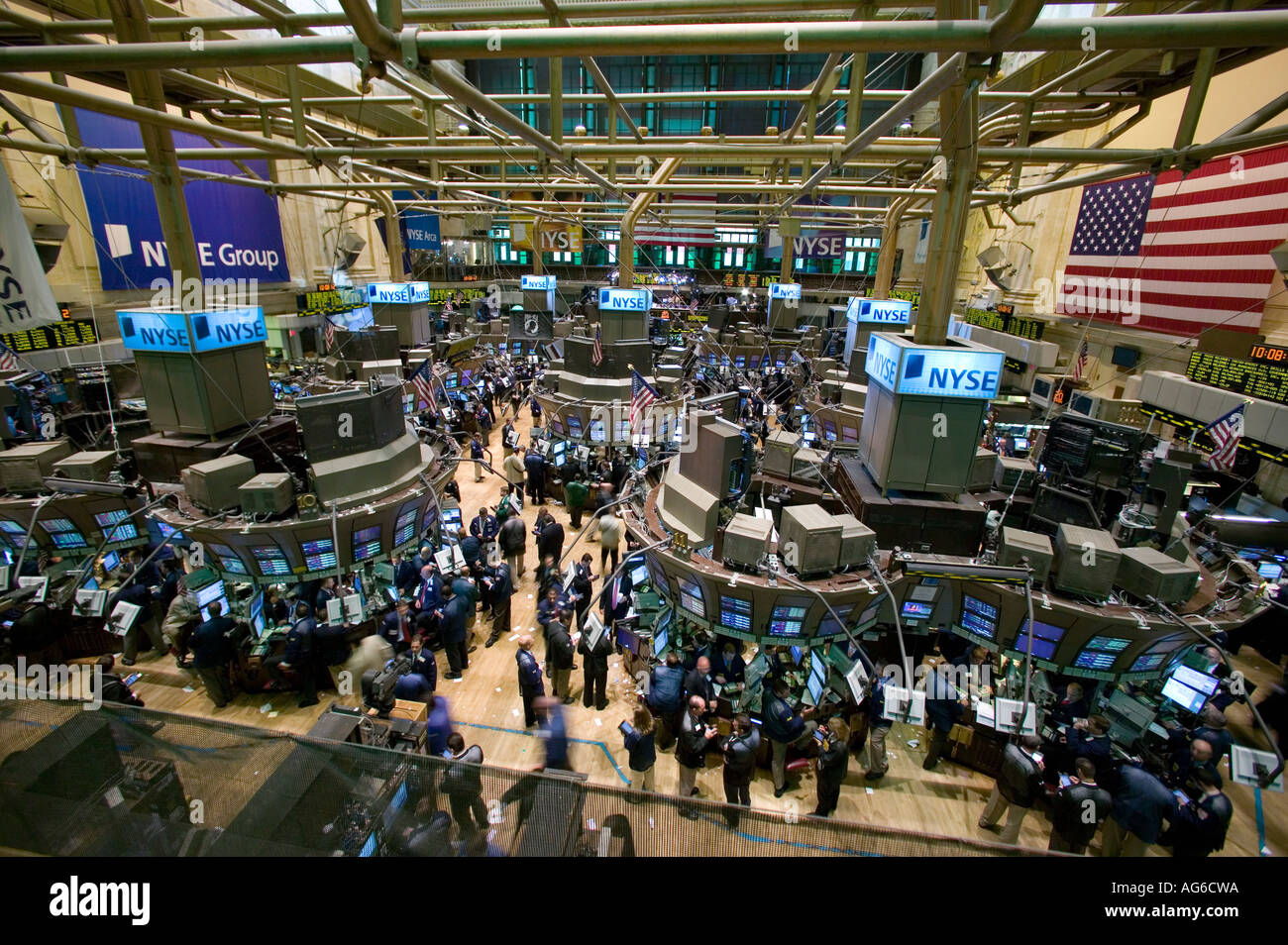Wide angle view of the main trading room at the NYSE in New York City USA July 2006 Stock Photo