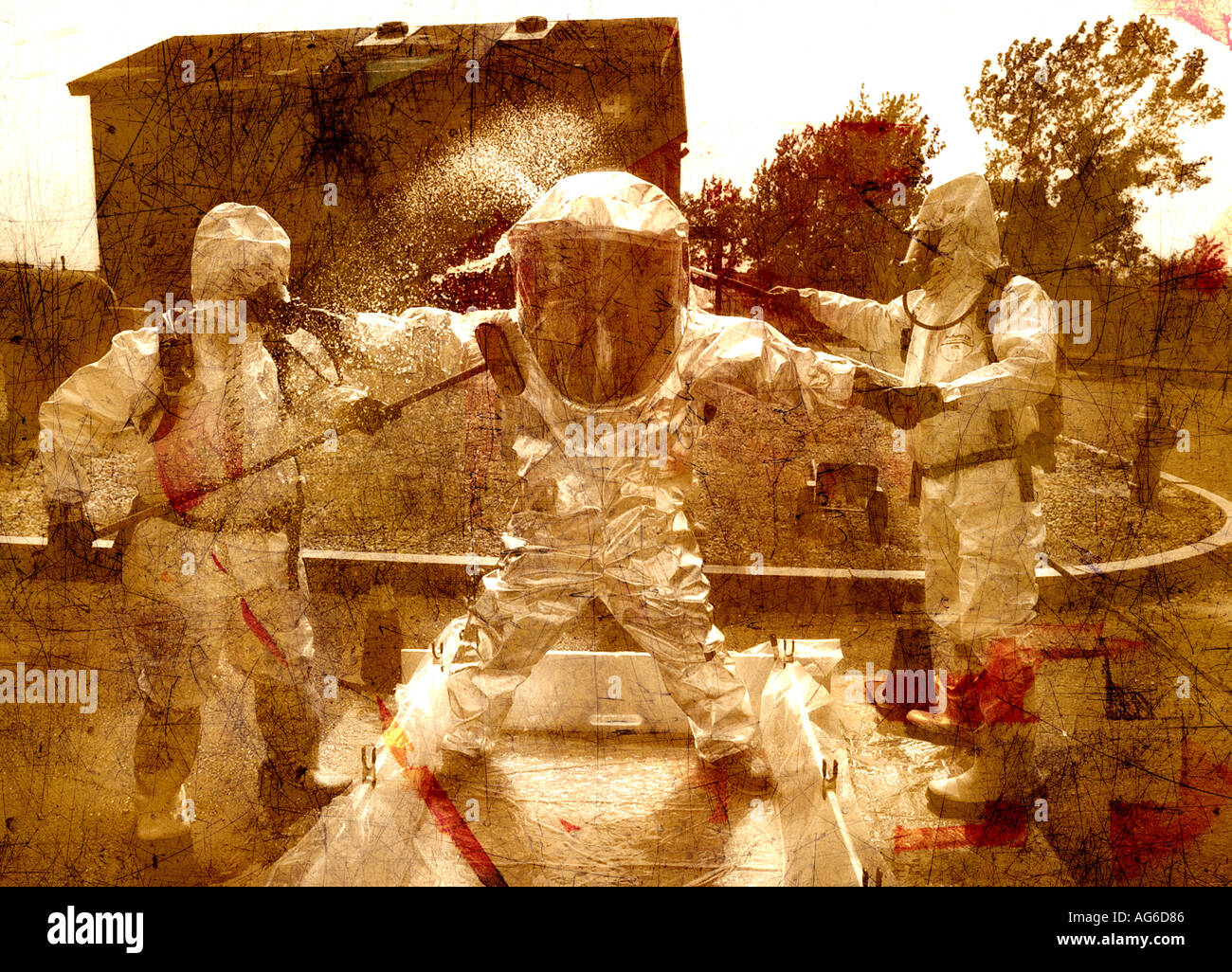 Biohazard Men Two men in bio chemical suits scrubbing another down. Biohazard concept ...