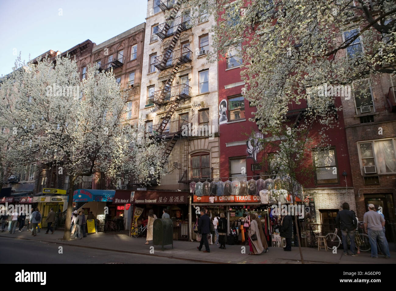 Trees bloom on Saint Marks Place street in the East Village in New York City USA April 2006 Stock Photo