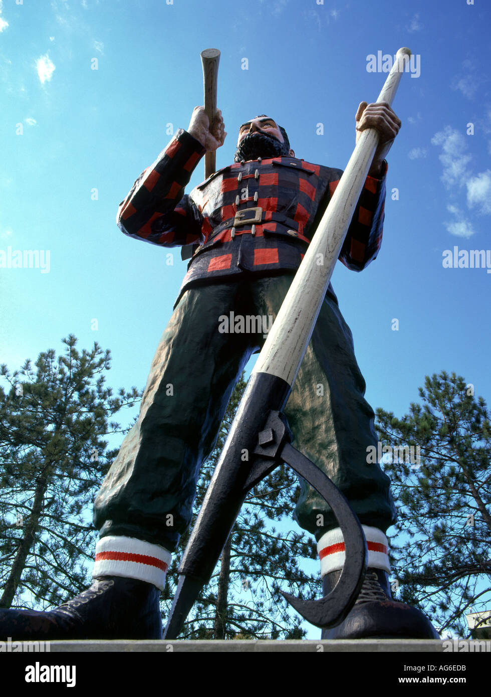 Paul Bunyan stature in Bass Park 31ft tall with axe peavey hook big boots stands on a plinth in Bangor Maine USA Stock Photo