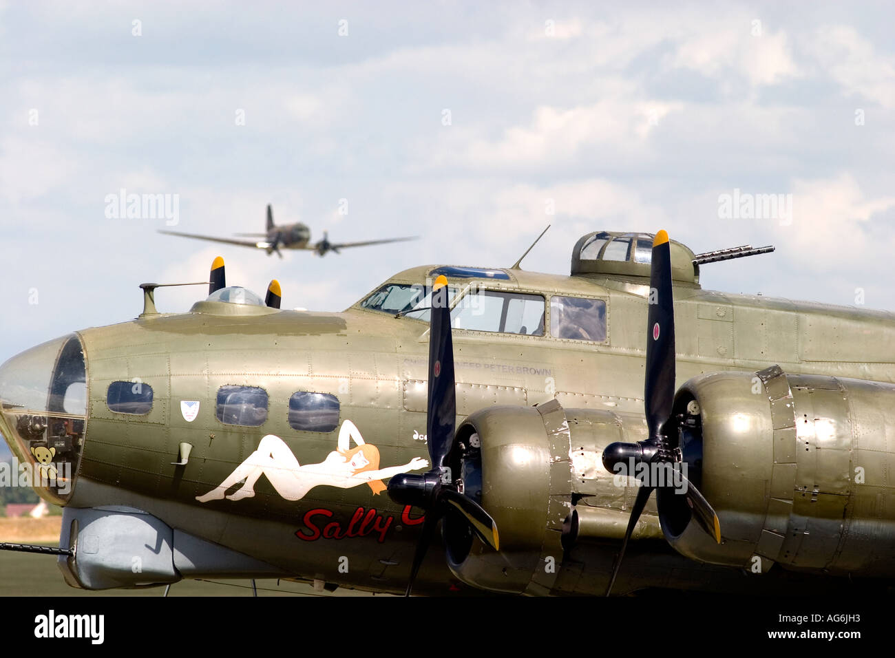 B-17G-105 Boeing Flying Fortress Sally B with a Dakota Stock Photo - Alamy