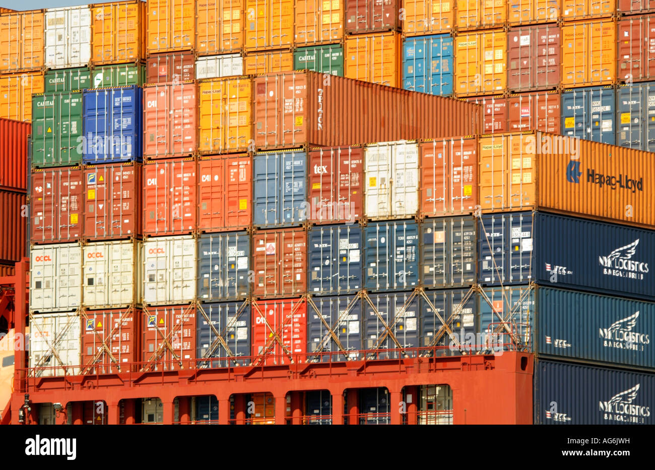 Hapag Lloyd Container Ship Cargo boxes stacked on deck Stock Photo Alamy