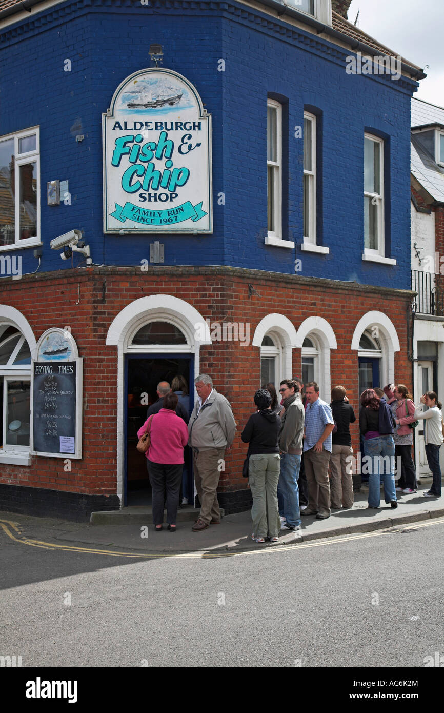People queue Fish and chip shop Aldeburgh, Suffolk, England Stock Photo