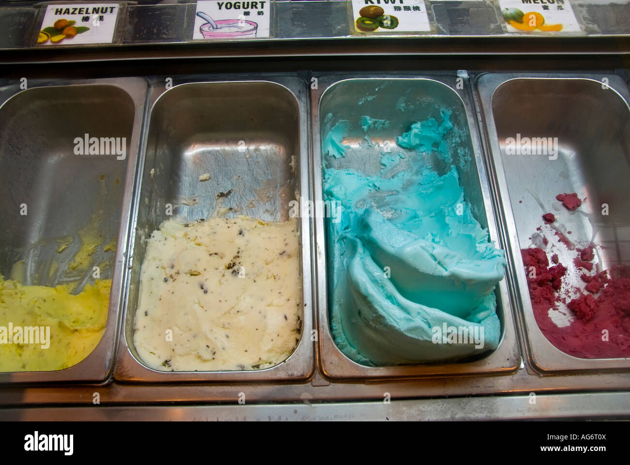 Beijing CHINA, Close up View, Display, 'Beijing Zoo' Different Flavors  'Chinese Ice Cream' Display Inside 'food coloring' blue Stock Photo