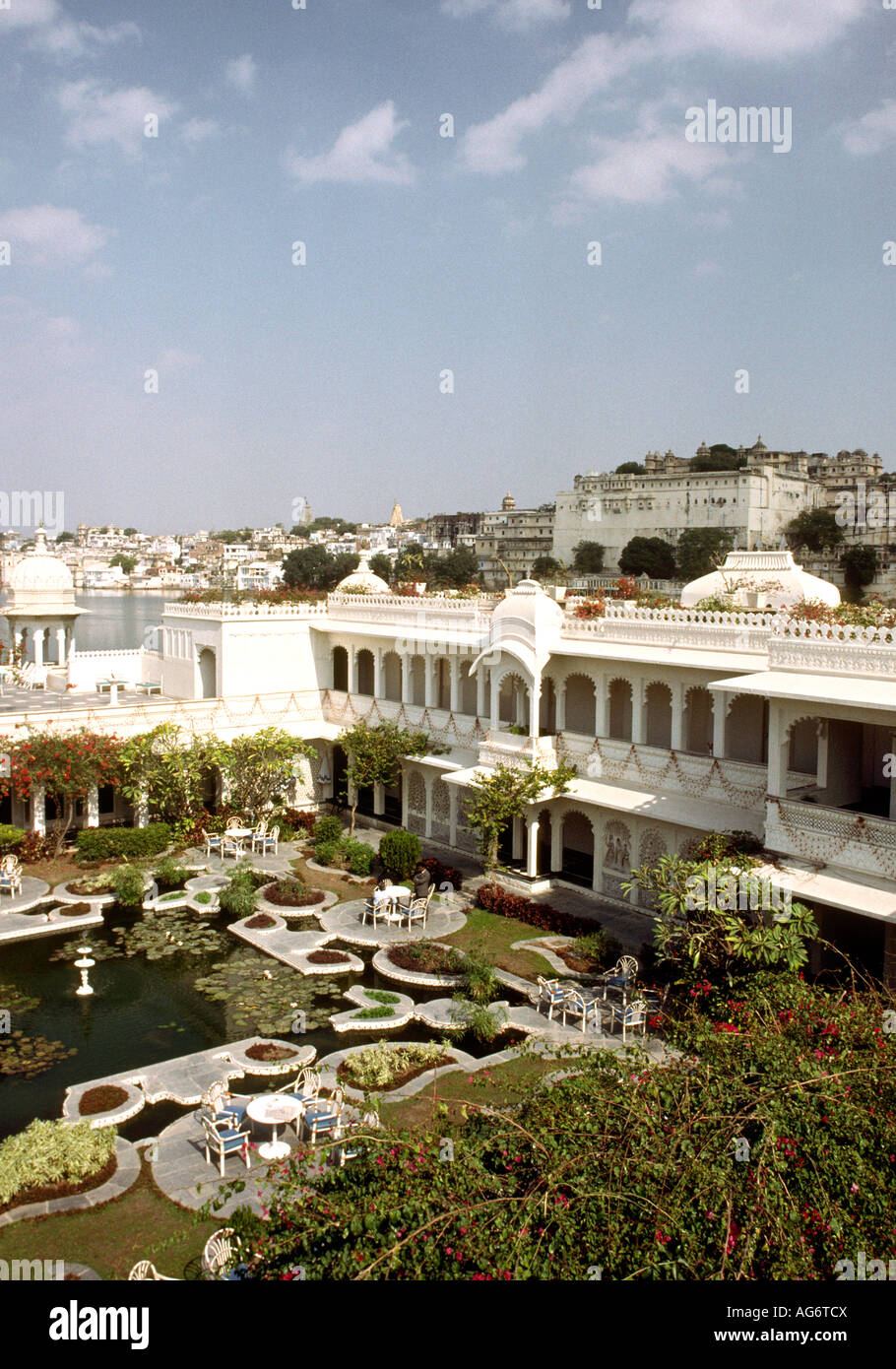 India Rajasthan Udaipur Lake Palace Hotel interior courtyard and lily pond Stock Photo