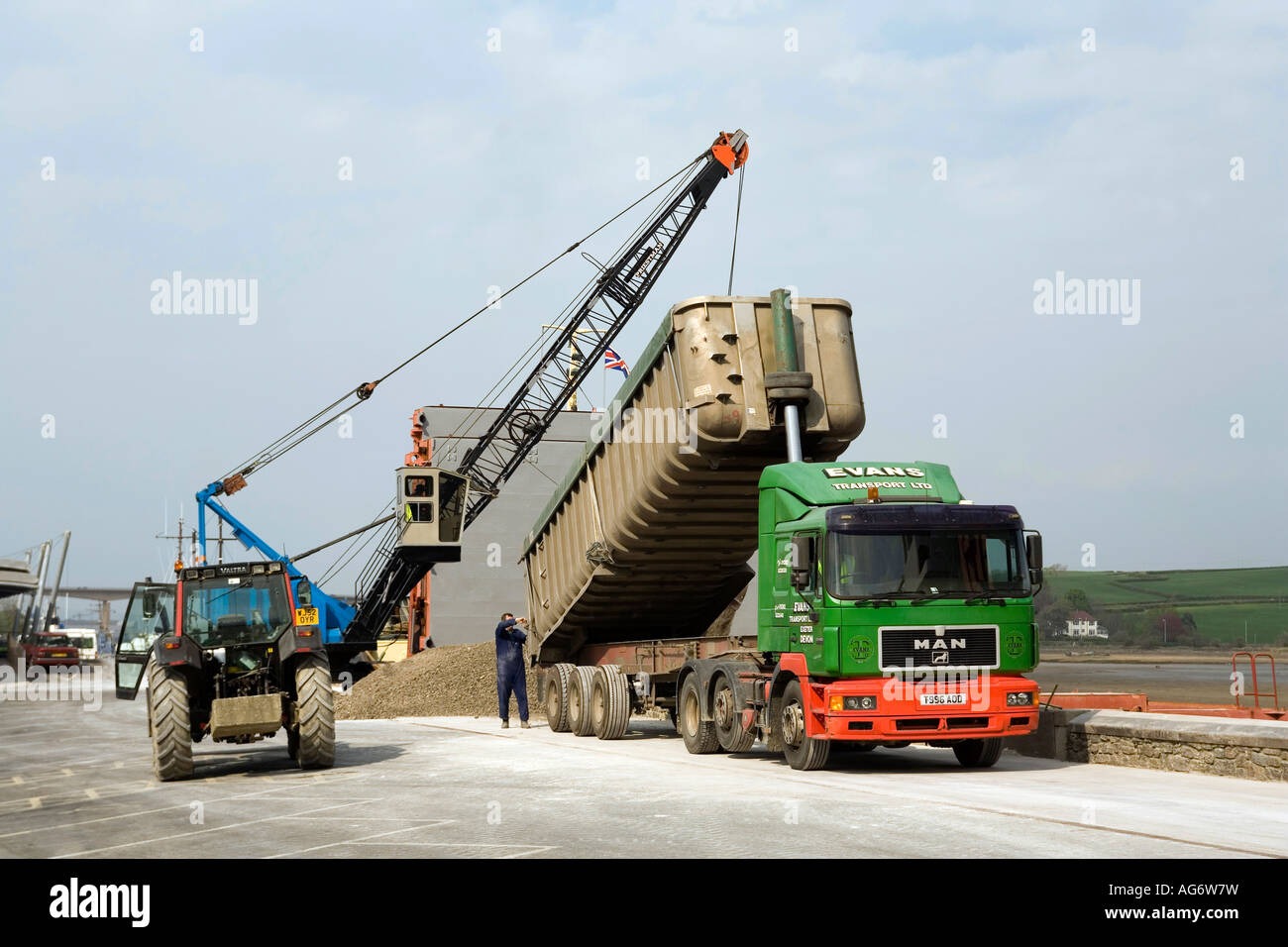 UK Devon Bideford The Quay lorry tipping gravel to be loaded onto ship