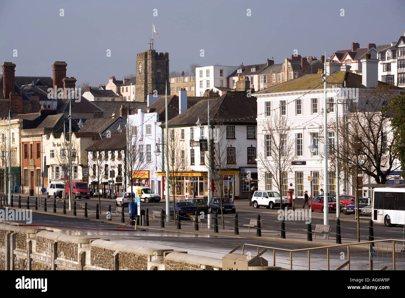 UK Devon Bideford St Marys Church tower above the old town and quayside Stock Photo
