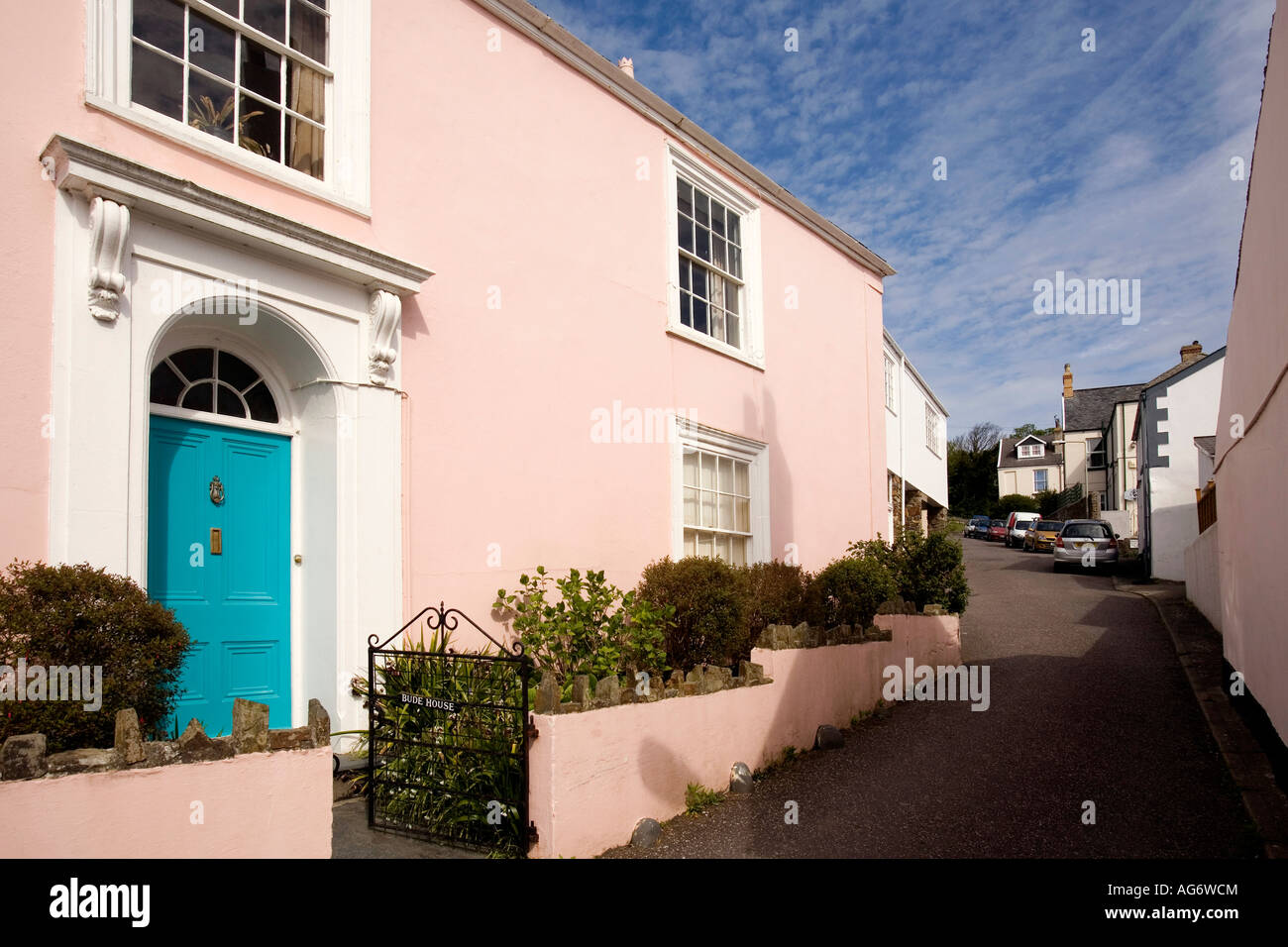UK Devon Appledore Bude Street pink painted Bude House Stock Photo Alamy