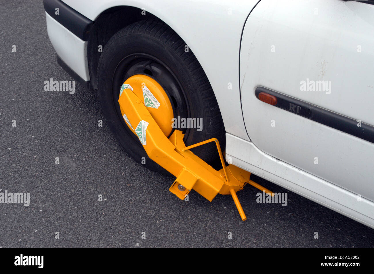 White car with DVLA wheel clamp and notice Stock Photo Alamy