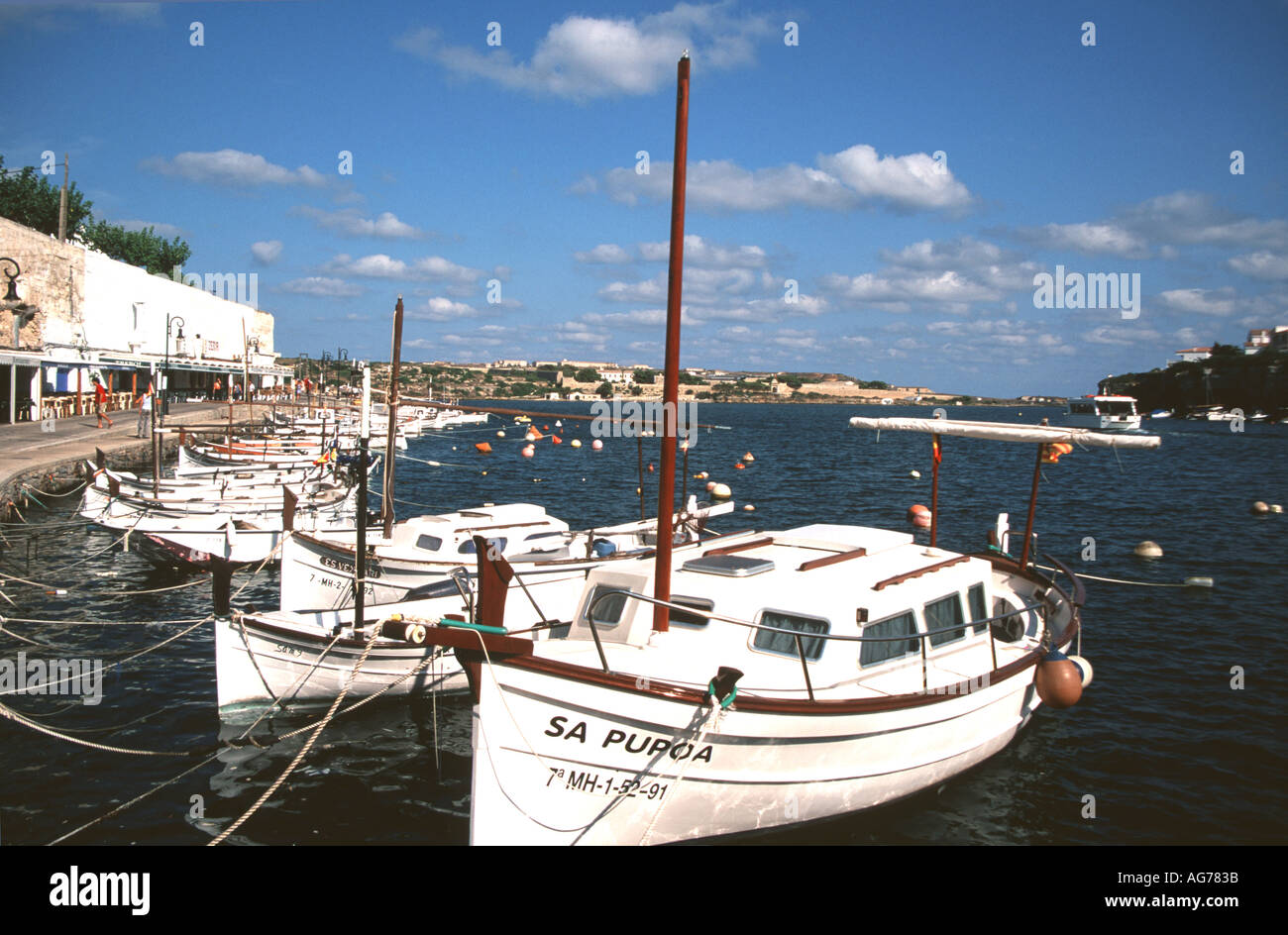 Es Castell and the harbour of Cales Fonts Stock Photo