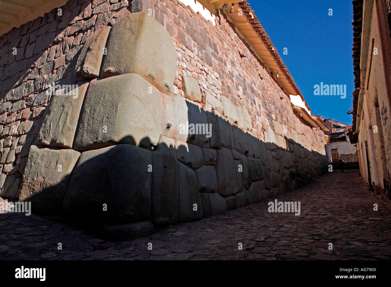 foundations of the former 14th century Palace of the Incan Ruler Inca Roca, Calle Hatun Rumiyoc, Cuzco, Peru Stock Photo