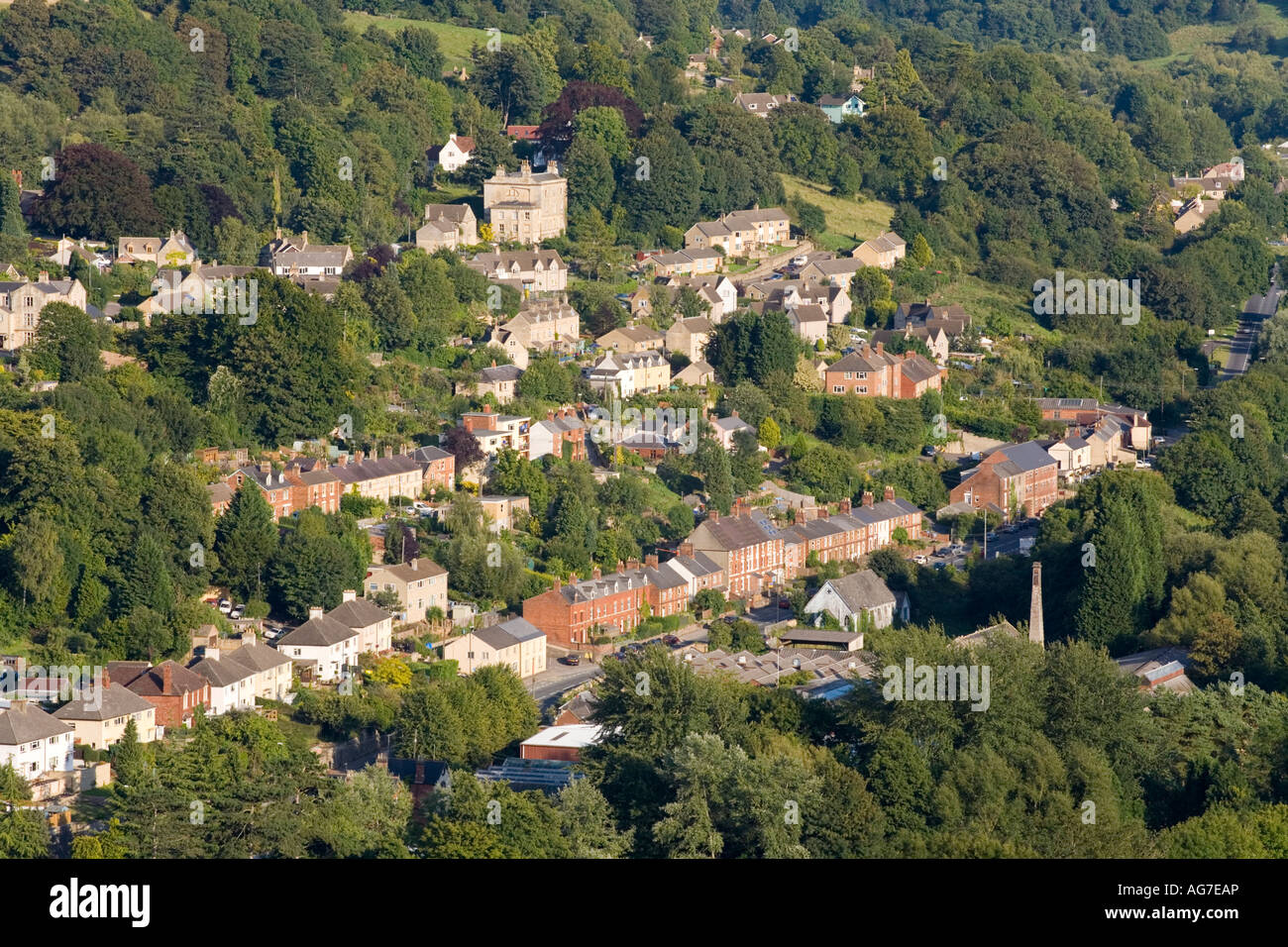 Brimscombe in the Stroud Valleys, Gloucestershire UK - viewed from Rodborough Common. Stock Photo