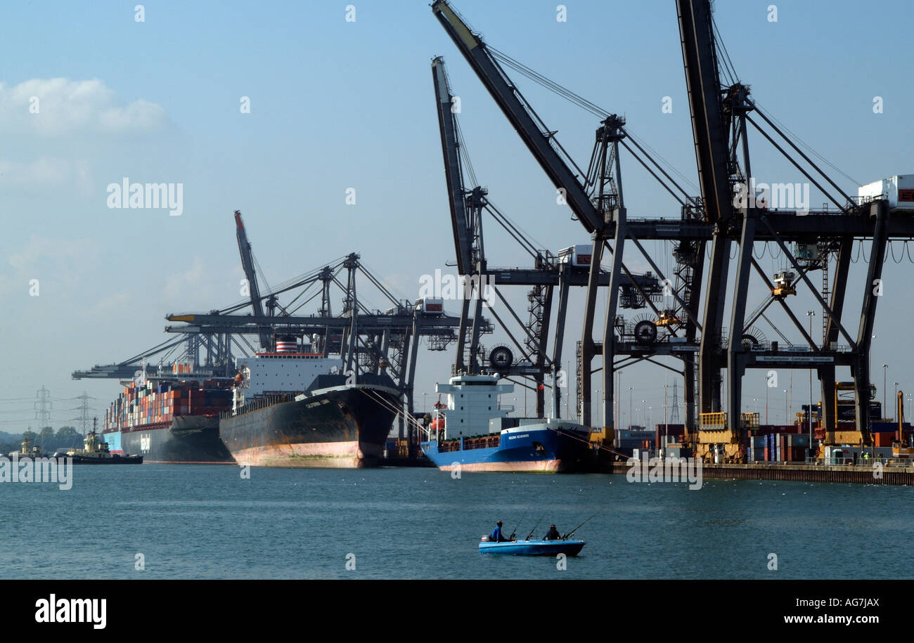 Port of Southampton Ships and Fishing Boat England UK Stock Photo