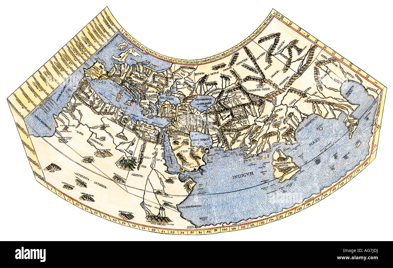 Ptolemy map of the world, a concept of the flat earth. Hand-colored woodcut Stock Photo