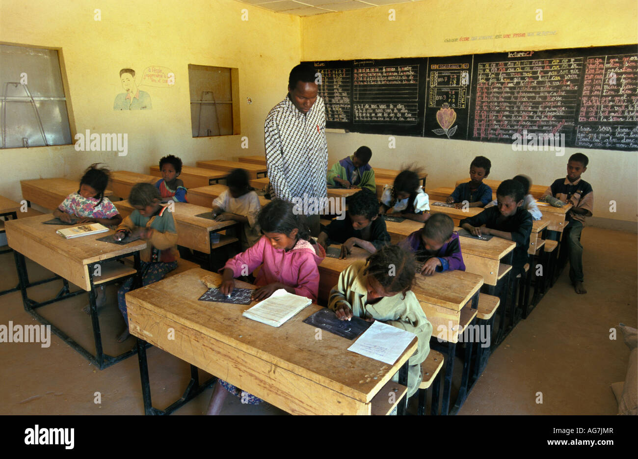 Niger Agadez Teacher with students in classroom in village of Tuareg people Stock Photo