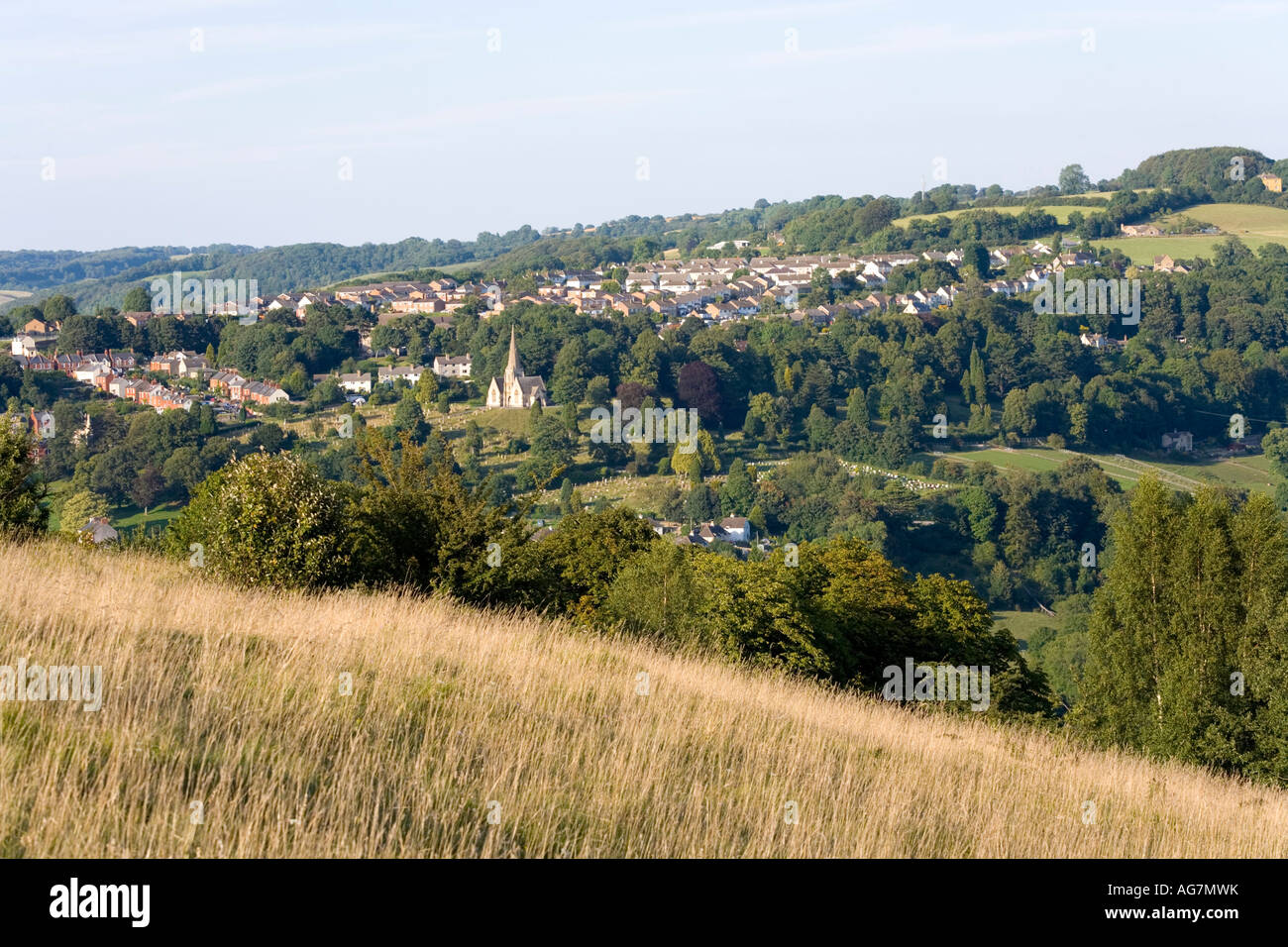 Rodborough Common on the Cotswold scarp looking towards Bowbridge, Stroud, Gloucestershire Stock Photo