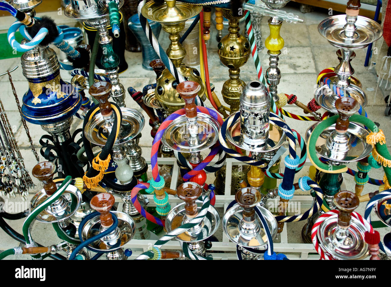 Collection of water cooled smoking pipes for sale in street market